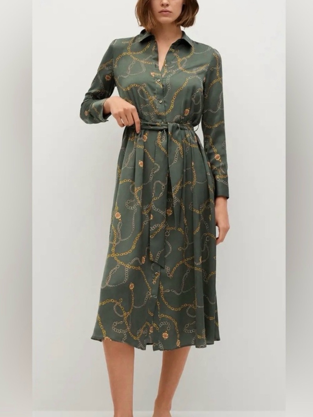 Mango Olive Green Chain-Print Midi Shirt Dress